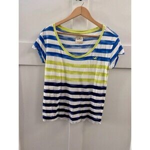 Hollister Women's Top Striped Blue White Green Scoop Neck Short Sleeve Sz Small